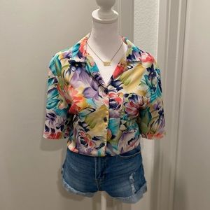 VTG 90s 80s Alfred Dunner Colorful Floral Button-Up Short Sleeve Blouse Top - 12